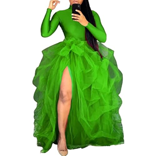 Vestido largo con tutú de abertura alta para mujer, falda larga de tul con volantes y encaje de malla, vestido de noche de varias capas, falda de fiesta de boda, verde, Talla única